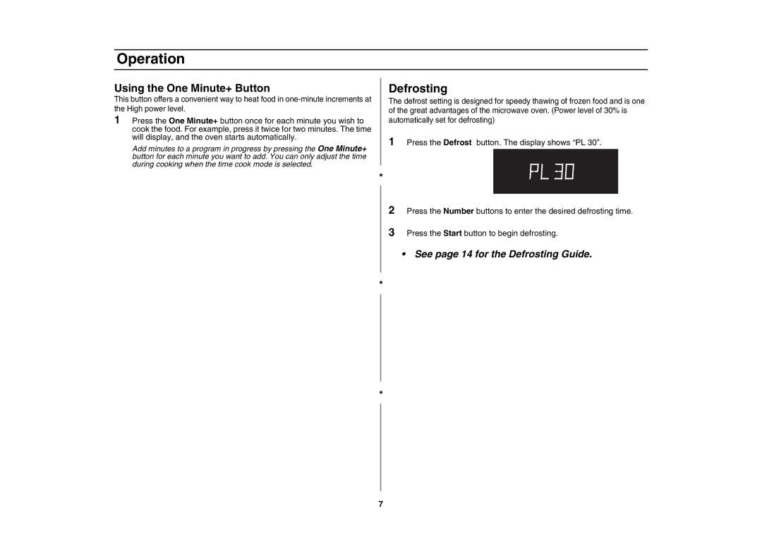 Samsung MD800SE/ZAM manual Defrosting, Using the One Minute+ Button 