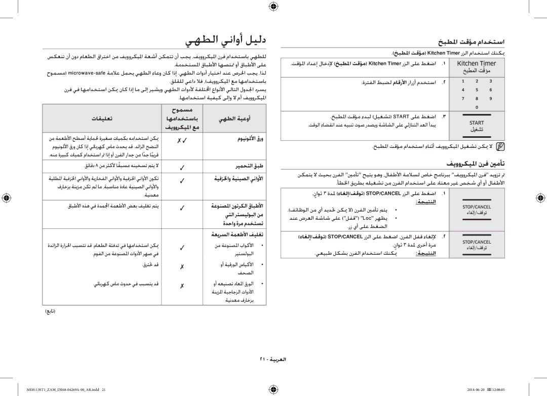 Samsung ME8113ST1/ZAM, ME0113M1/ZAM manual يهطلا يناوأ ليلد, خبطلما تقؤم مادختسا, فيووركيلما نرف ينمأت 