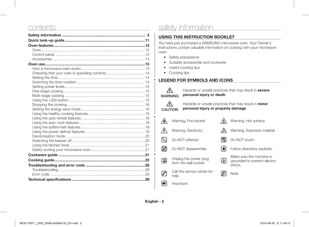 Samsung ME0113M1/ZAM, ME8113ST1/ZAM manual Safety information, Contents 