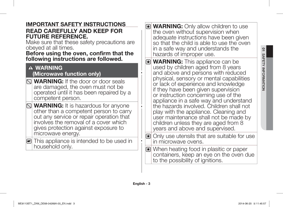 Samsung ME8113ST1/ZAM, ME0113M1/ZAM manual Read Carefully and Keep for Future Reference 