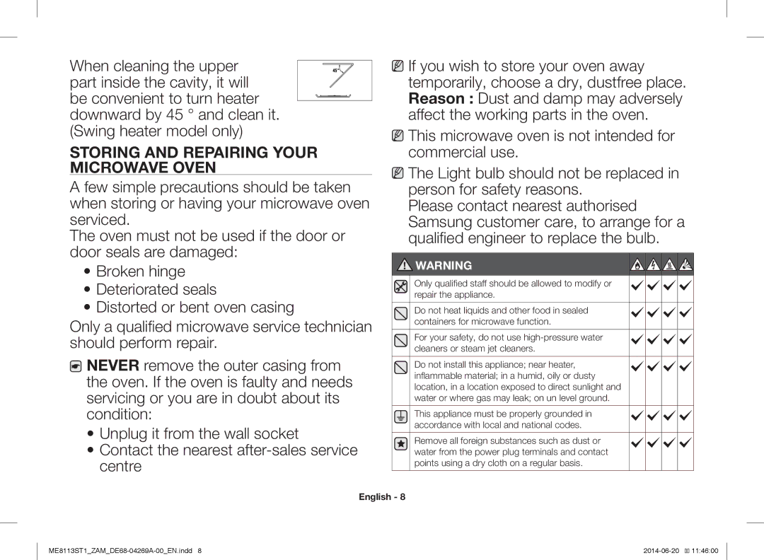 Samsung ME0113M1/ZAM, ME8113ST1/ZAM manual Storing and Repairing Your Microwave Oven 