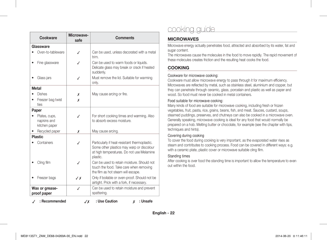 Samsung ME0113M1/ZAM, ME8113ST1/ZAM manual Cooking guide 