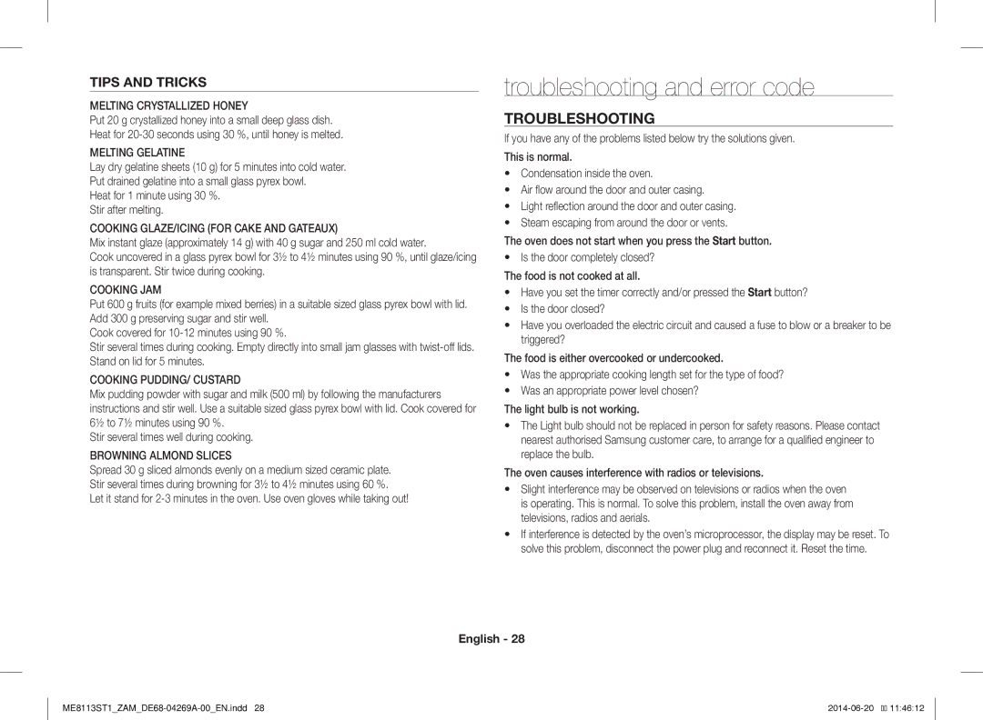 Samsung ME0113M1/ZAM, ME8113ST1/ZAM manual Troubleshooting and error code 