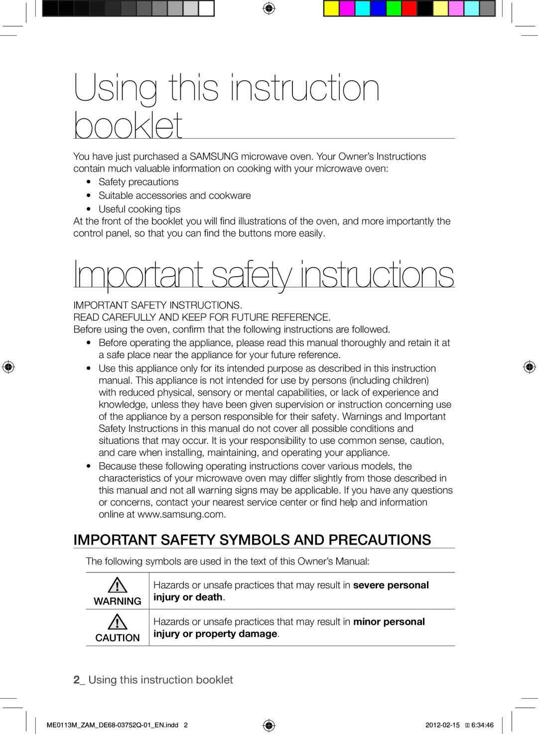 Samsung ME0113M/ZAM manual Using this instruction booklet, Important safety symbols and precautions, Injury or death 