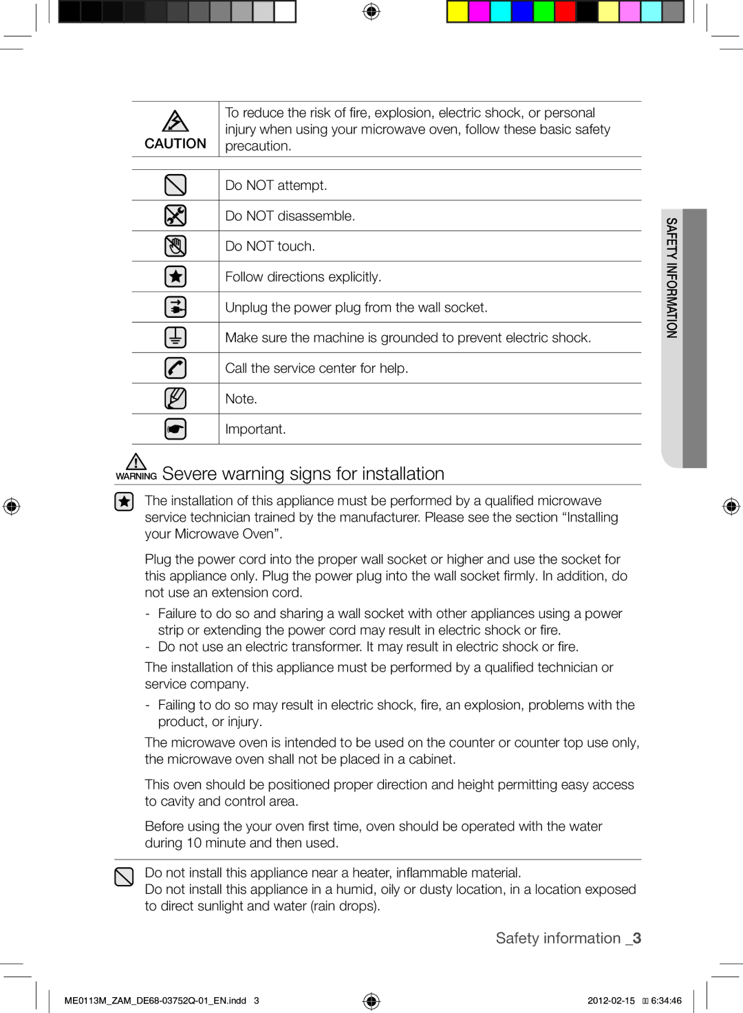 Samsung ME0113M/ZAM manual Safety information 