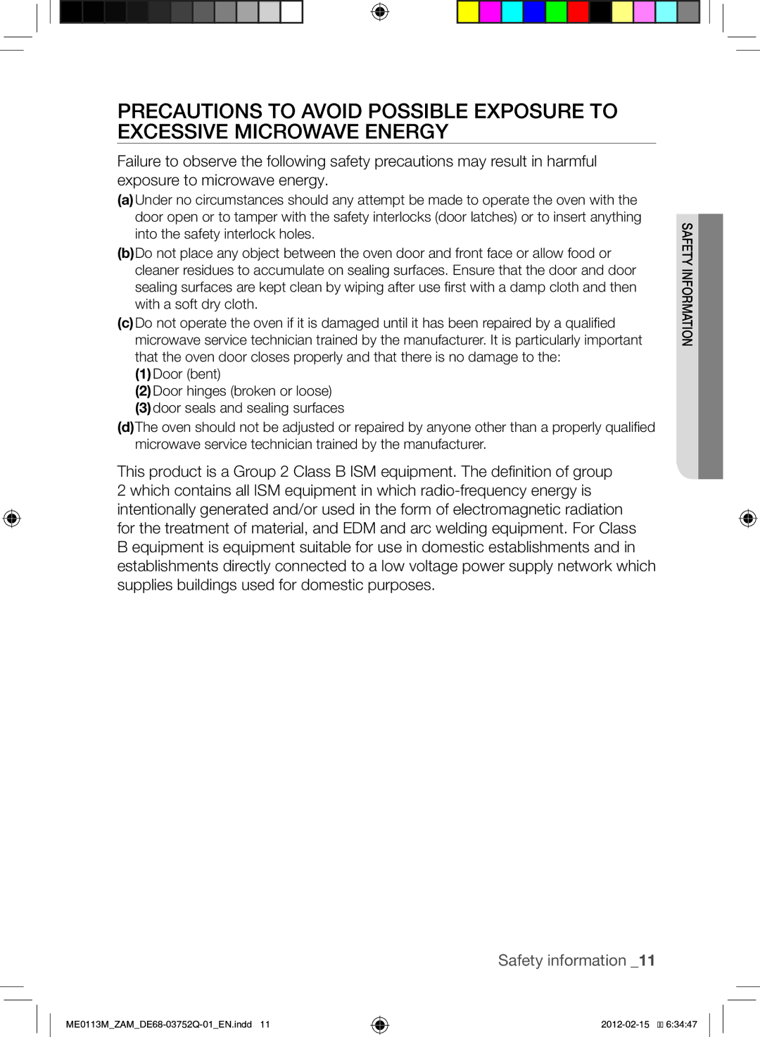 Samsung ME0113M/ZAM manual Safety information 