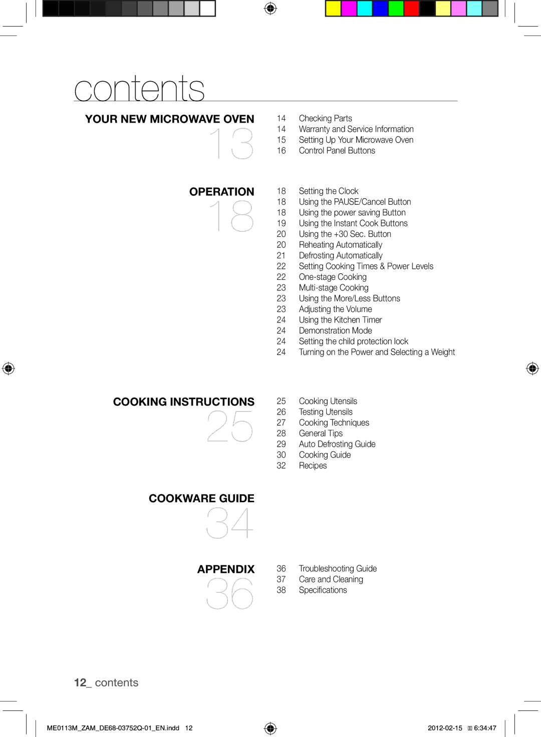 Samsung ME0113M/ZAM manual Contents 