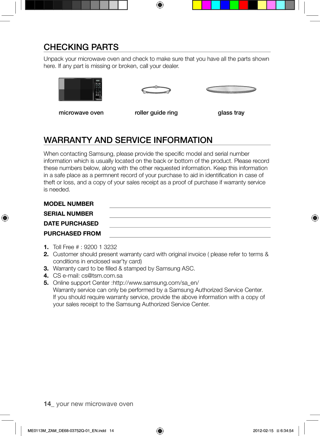 Samsung ME0113M/ZAM manual Checking Parts, Warranty and Service Information 