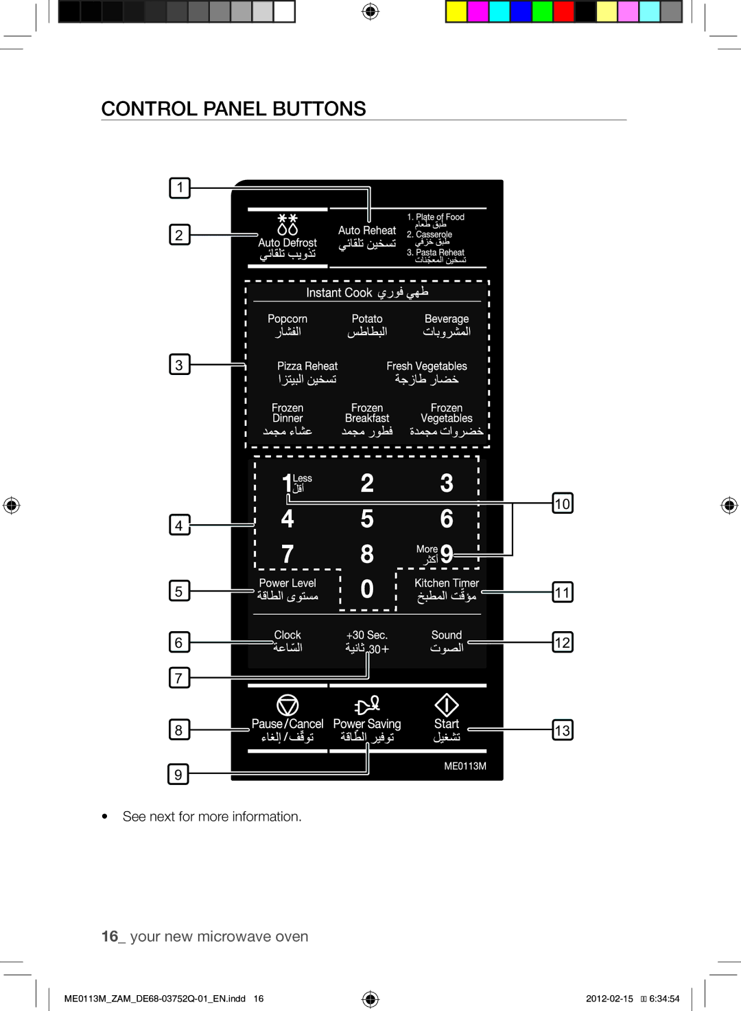 Samsung ME0113M/ZAM manual Control Panel Buttons, See next for more information 