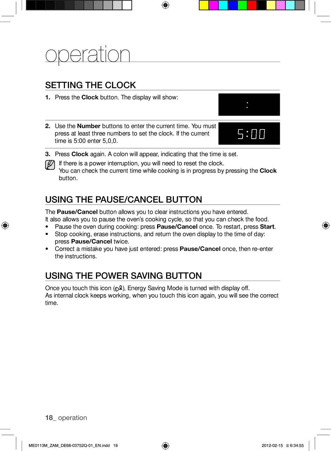 Samsung ME0113M/ZAM manual Operation, Setting the Clock, Using the PAUSE/Cancel Button, Using the power saving Button 