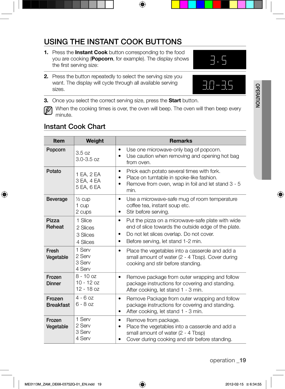 Samsung ME0113M/ZAM manual Using the Instant Cook Buttons, Instant Cook Chart, Weight Remarks 