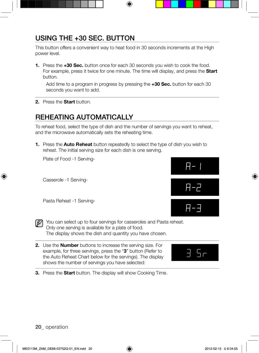 Samsung ME0113M/ZAM manual Using the +30 Sec. Button, Reheating Automatically 