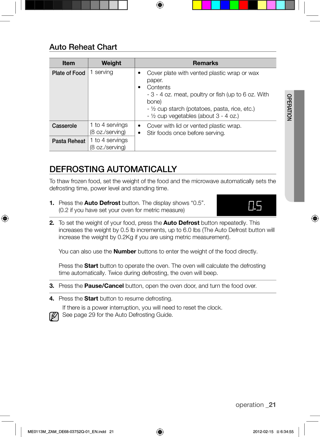 Samsung ME0113M/ZAM manual Defrosting Automatically, Auto Reheat Chart, To 4 servings Oz./serving 