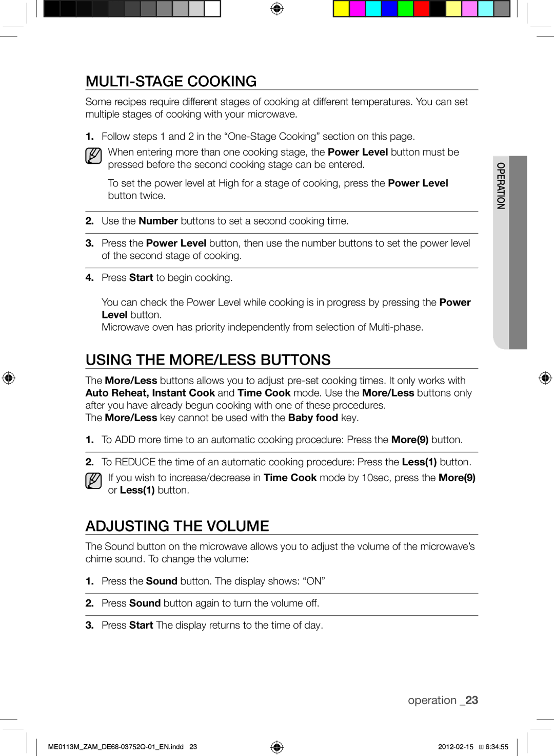 Samsung ME0113M/ZAM manual Multi-stage Cooking, Using the More/Less Buttons, Adjusting the Volume 