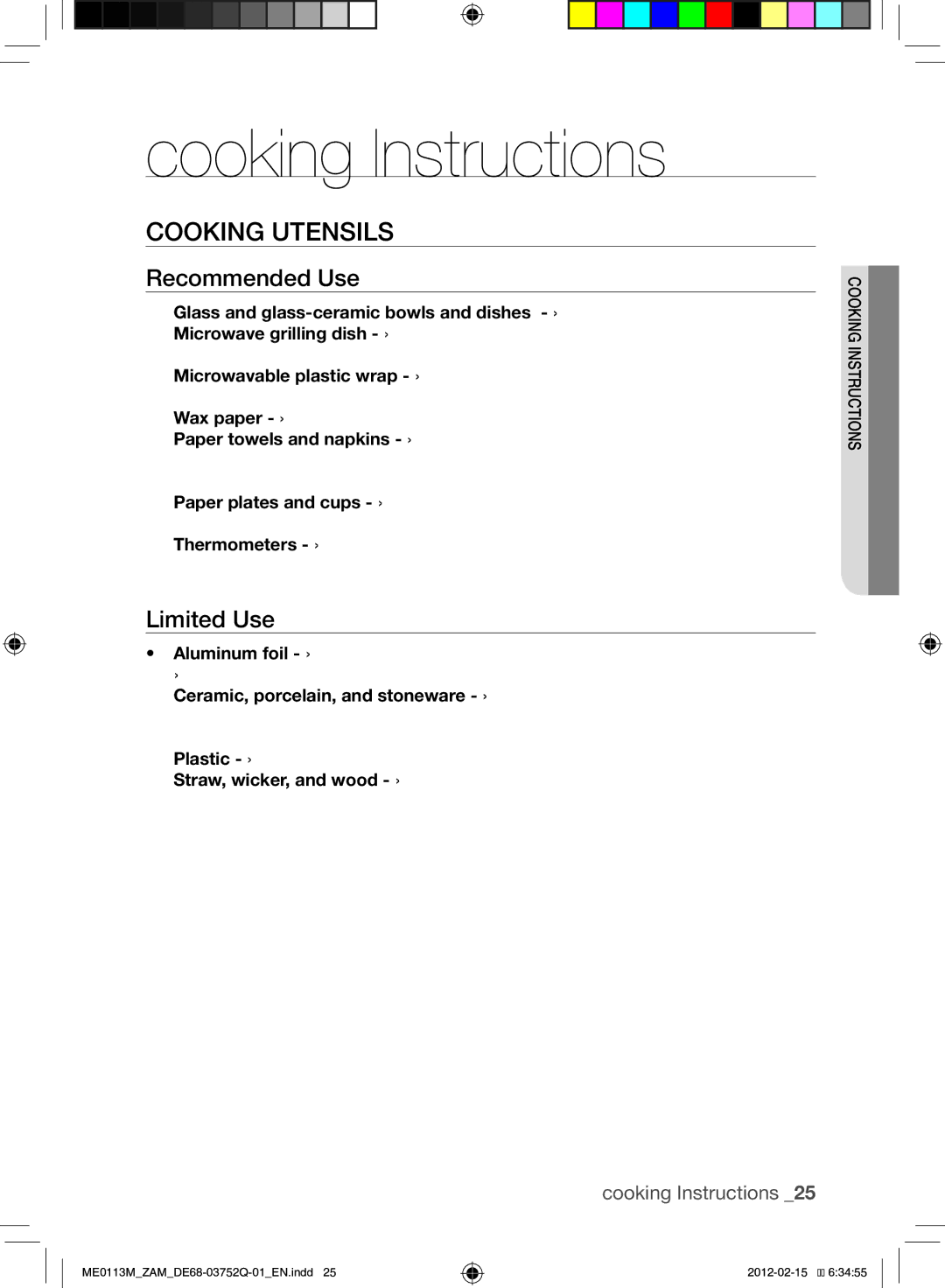 Samsung ME0113M/ZAM manual Cooking Instructions, Cooking Utensils, Recommended Use, Limited Use 