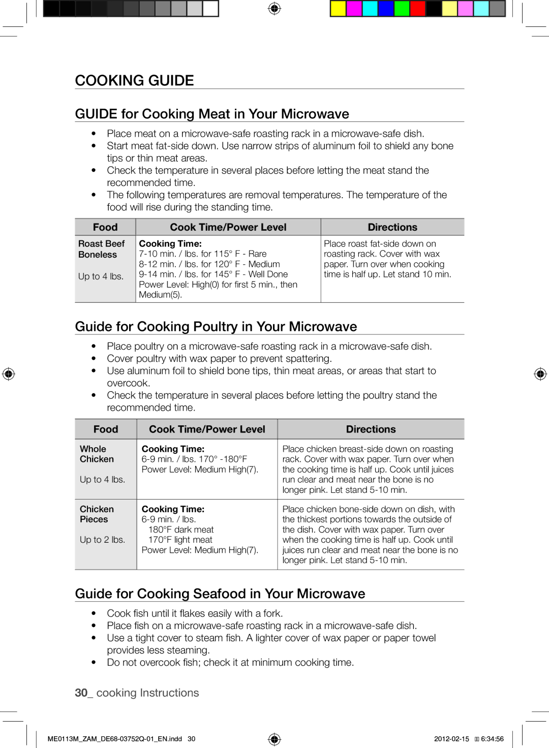 Samsung ME0113M/ZAM Cooking Guide, Guide for Cooking Meat in Your Microwave, Guide for Cooking Poultry in Your Microwave 