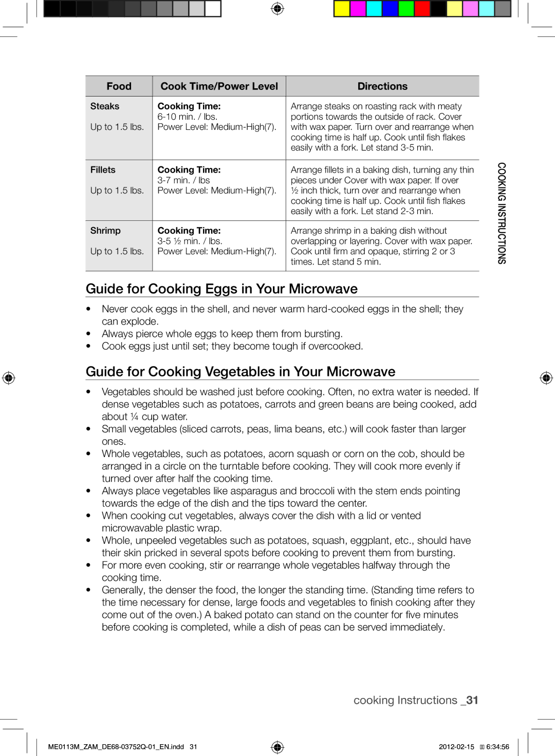 Samsung ME0113M/ZAM manual Guide for Cooking Eggs in Your Microwave, Guide for Cooking Vegetables in Your Microwave 