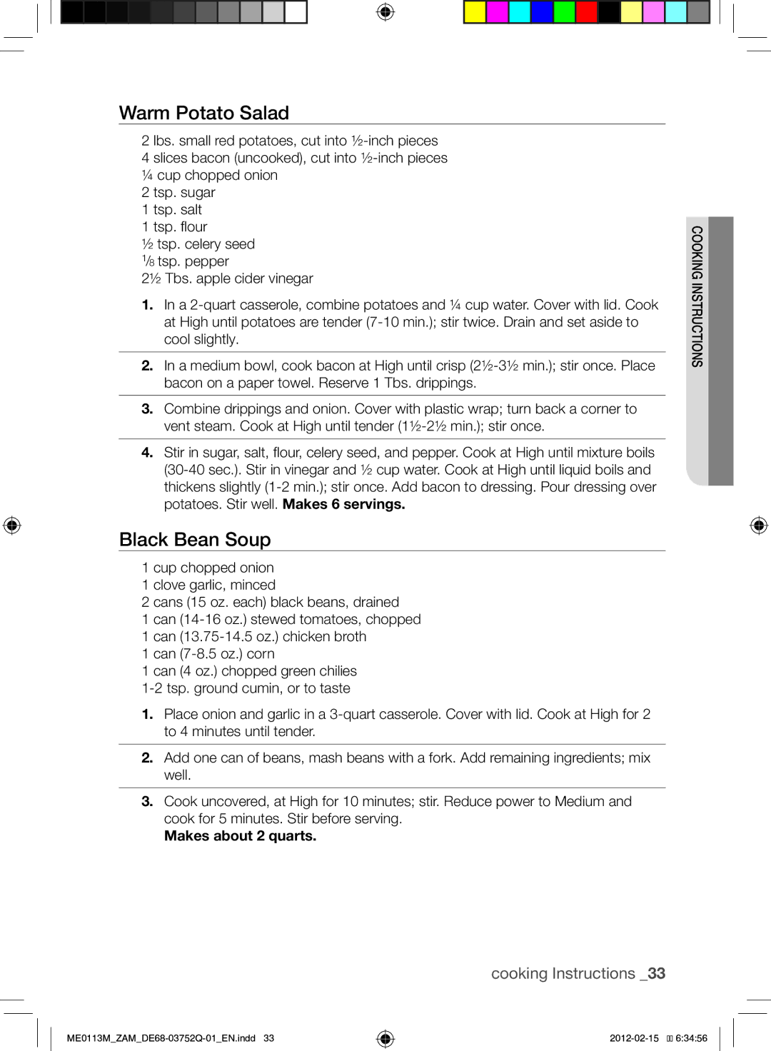 Samsung ME0113M/ZAM manual Warm Potato Salad, Black Bean Soup, Makes about 2 quarts 