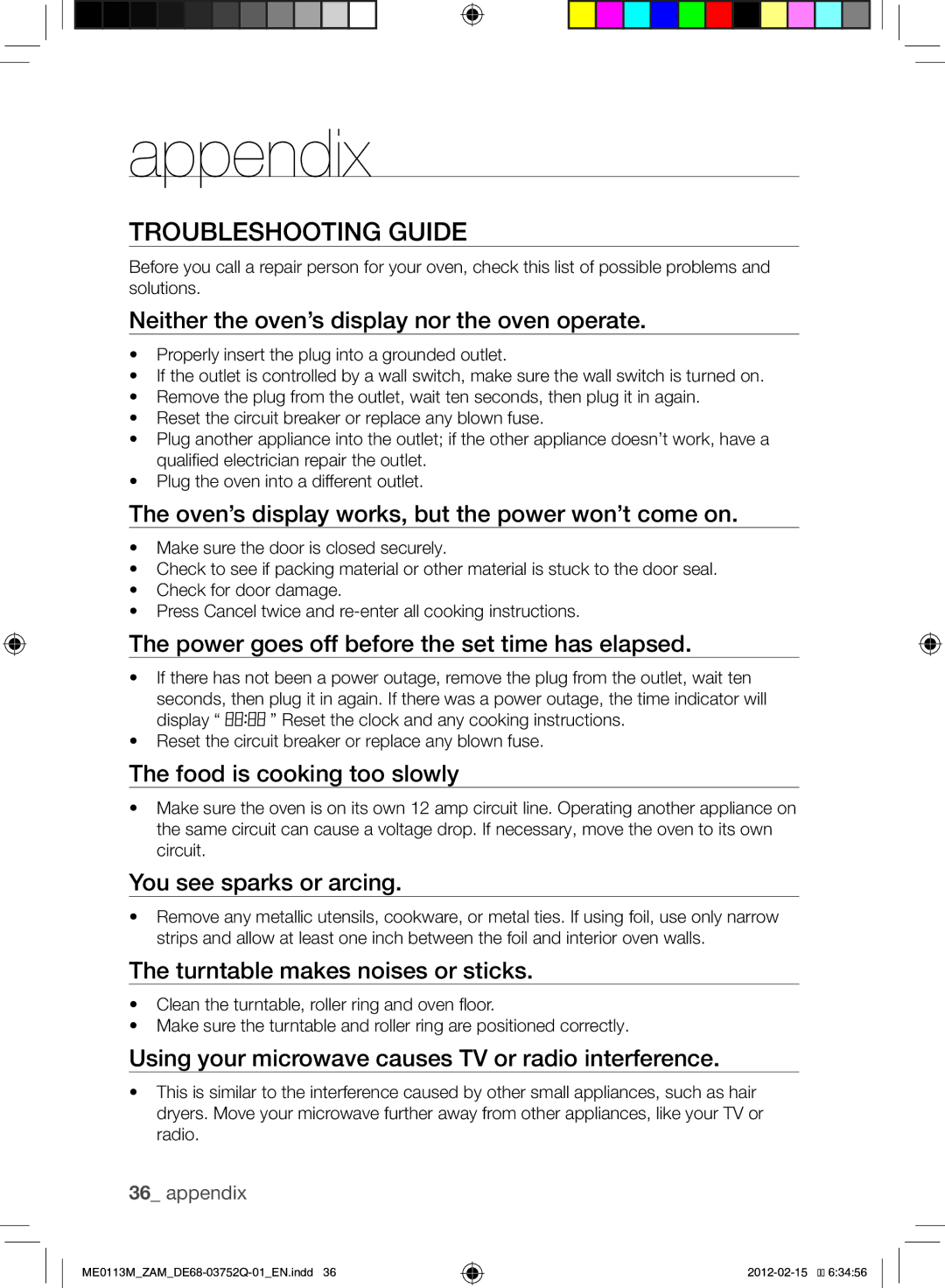 Samsung ME0113M/ZAM manual Appendix, Troubleshooting Guide 