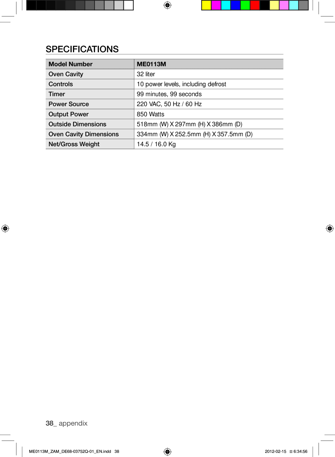 Samsung ME0113M/ZAM manual Specifications, Model Number ME0113M 