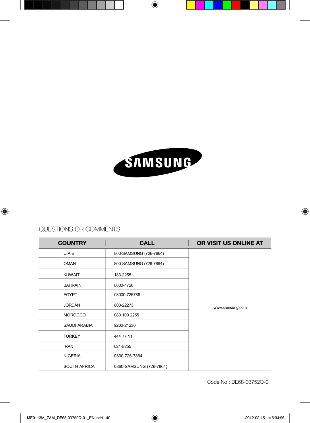 Samsung ME0113M/ZAM manual Code No. DE68-03752Q-01 