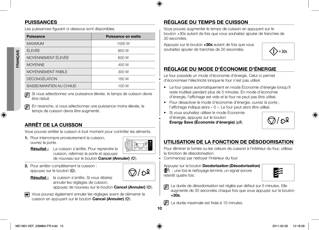 Samsung ME102V-BX/XEF Puissances, Arrêt de la cuisson, Réglage du temps de cuisson, Réglage du mode déconomie dénergie 