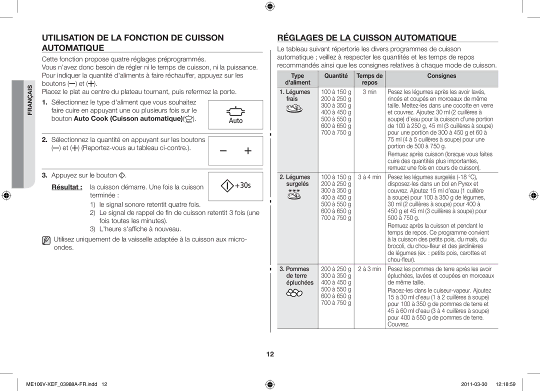 Samsung ME102V-BX/XEF Utilisation de la fonction de cuisson automatique, Réglages de la cuisson automatique, Type Quantité 