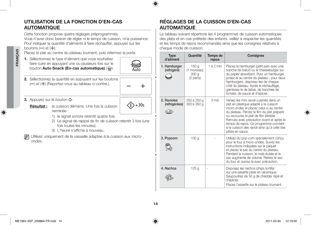 Samsung ME102V-BX/XEF Utilisation de la fonction den-cas automatique, Réglages de la cuisson den-cas automatique, Type 