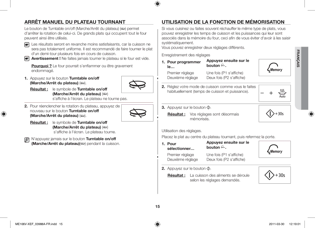 Samsung ME106V-SX/XEF, ME102V-BX/XEF manual Arrêt manuel du plateau tournant, Utilisation de la fonction de mémorisation 