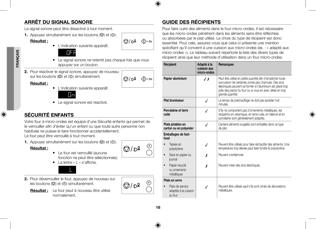 Samsung ME102V-BX/XEF, ME106V-SX/XEF manual Arrêt du signal sonore, Sécurité enfants, Guide des récipients 