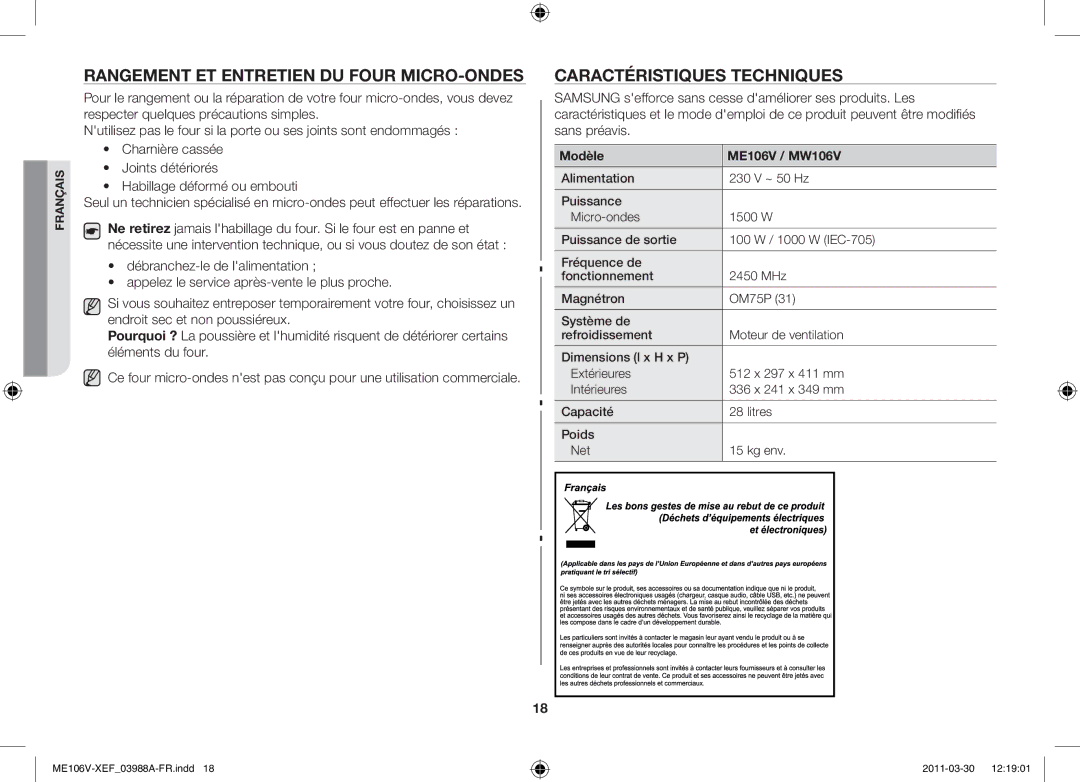 Samsung ME102V-BX/XEF Rangement et entretien du four micro-ondes, Caractéristiques techniques, Modèle ME106V / MW106V 