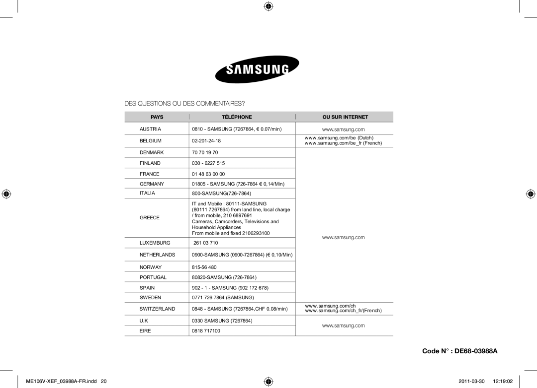 Samsung ME102V-BX/XEF, ME106V-SX/XEF manual Code N DE68-03988A 