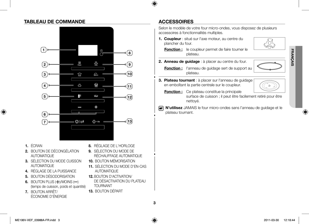 Samsung ME106V-SX/XEF, ME102V-BX/XEF manual Tableau de commande Accessoires 