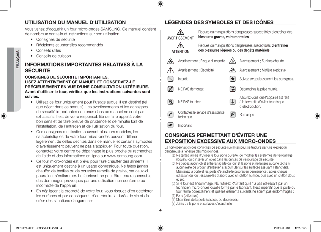 Samsung ME102V-BX/XEF, ME106V-SX/XEF Utilisation du manuel dutilisation, Informations importantes relatives à la sécurité 