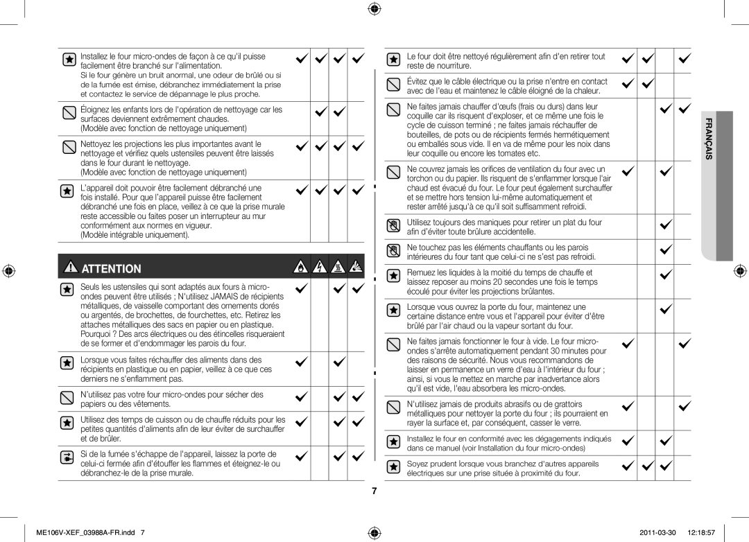 Samsung ME106V-SX/XEF, ME102V-BX/XEF manual Modèle avec fonction de nettoyage uniquement, Modèle intégrable uniquement 