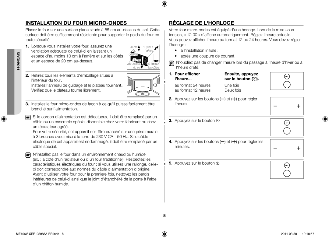 Samsung ME102V-BX/XEF, ME106V-SX/XEF manual Installation du four micro-ondes, Réglage de lhorloge, Appuyez sur les boutons 