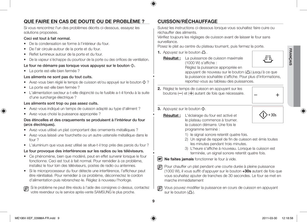 Samsung ME106V-SX/XEF, ME102V-BX/XEF manual Que faire en cas de doute ou de problème ?, Cuisson/Réchauffage 