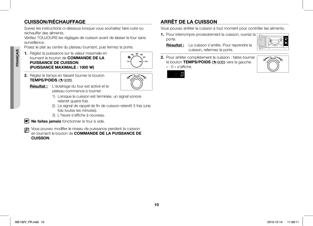 Samsung ME102V-X/XEF manual Cuisson/Réchauffage, Arrêt DE LA Cuisson 