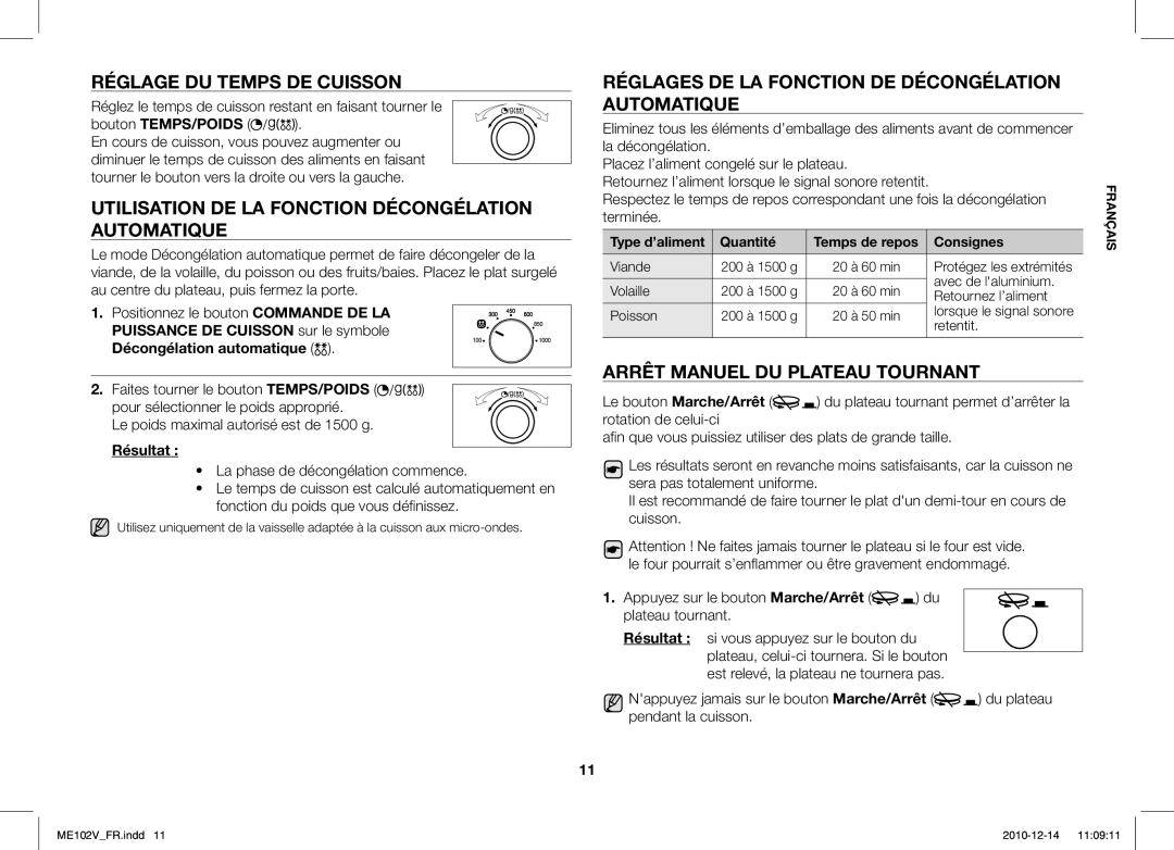 Samsung ME102V-X/XEF manual Réglage DU Temps DE Cuisson, Utilisation DE LA Fonction Décongélation Automatique 