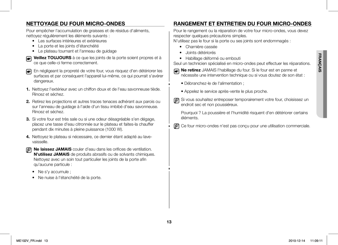 Samsung ME102V-X/XEF manual Nettoyage DU Four MICRO-ONDES, Rangement ET Entretien DU Four MICRO-ONDES 