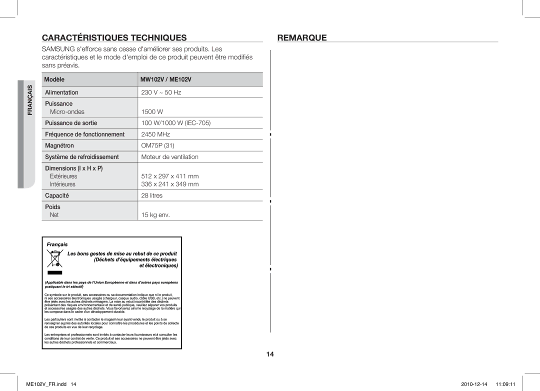 Samsung ME102V-X/XEF manual Caractéristiques Techniques Remarque, Modèle MW102V / ME102V 