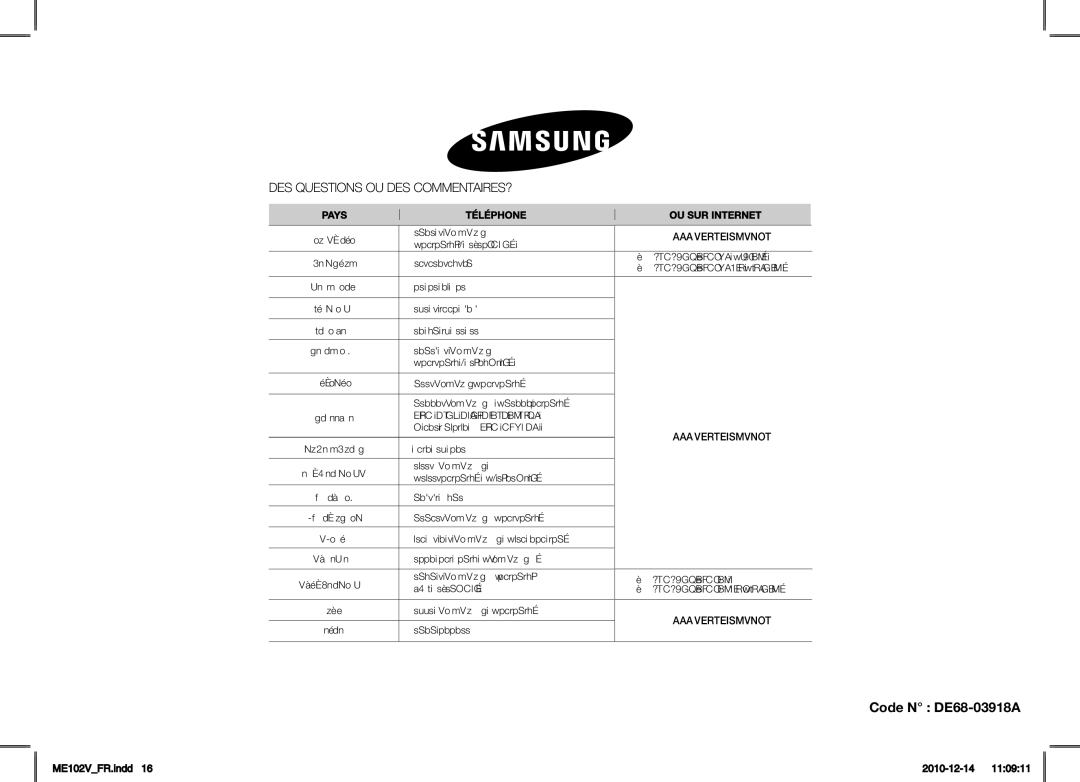 Samsung ME102V-X/XEF manual Code N DE68-03918A 