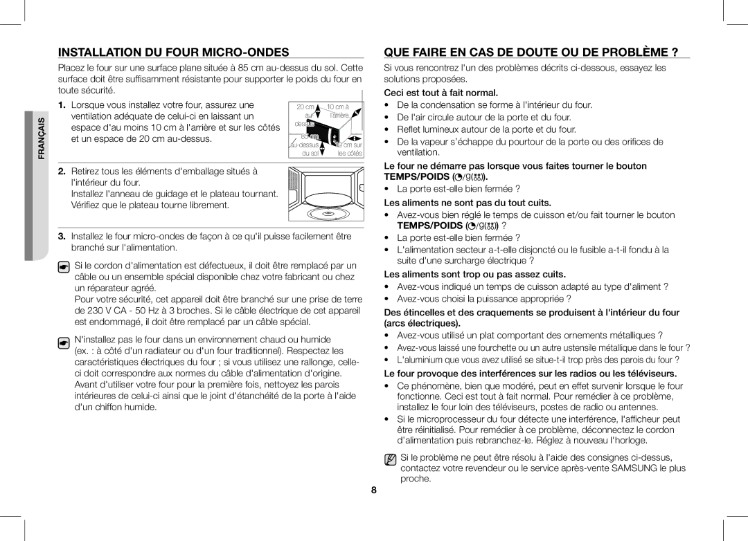 Samsung ME102V-X/XEF manual Installation DU Four MICRO-ONDES, QUE Faire EN CAS DE Doute OU DE Problème ? 