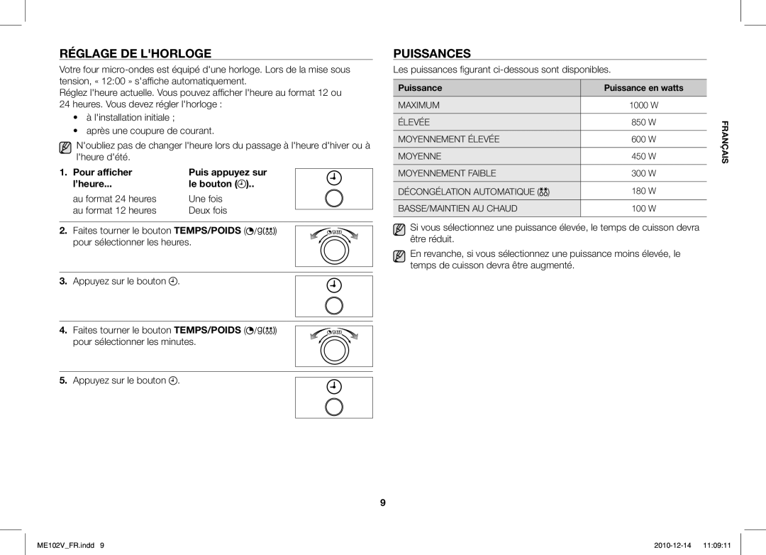 Samsung ME102V-X/XEF manual Réglage DE Lhorloge, Puissances, Puis appuyez sur 