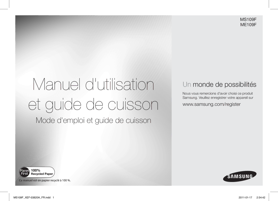 Samsung ME109F-1S/XEF manual Manuel dutilisation et guide de cuisson 