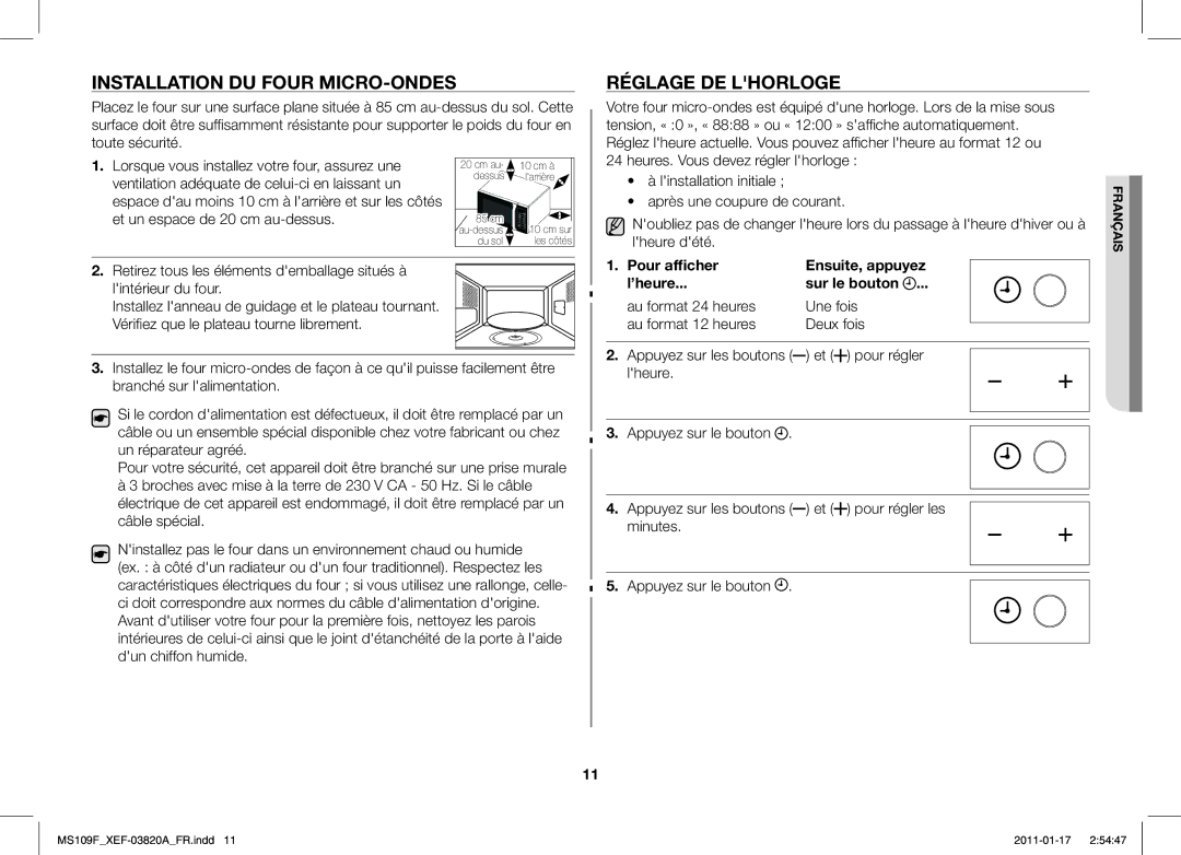 Samsung ME109F-1S/XEF Installation DU Four MICRO-ONDES, Réglage DE Lhorloge, Pour régler Lheure, Appuyez sur les boutons 