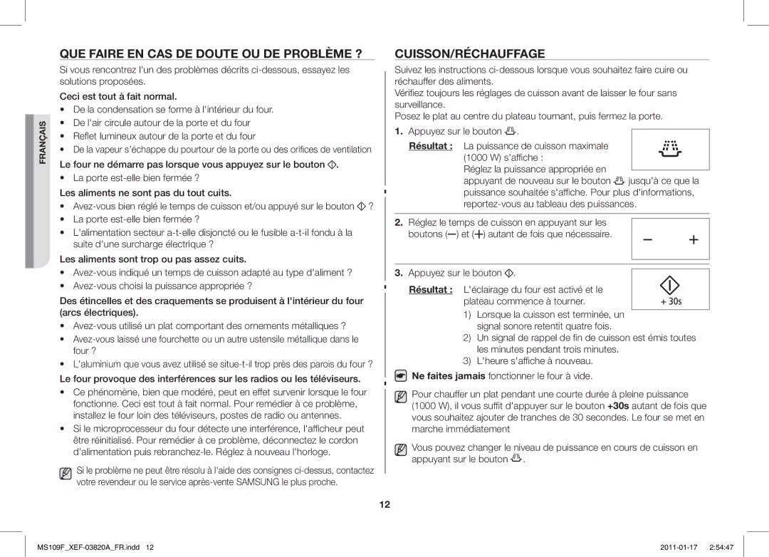 Samsung ME109F-1S/XEF manual QUE Faire EN CAS DE Doute OU DE Problème ?, Cuisson/Réchauffage 