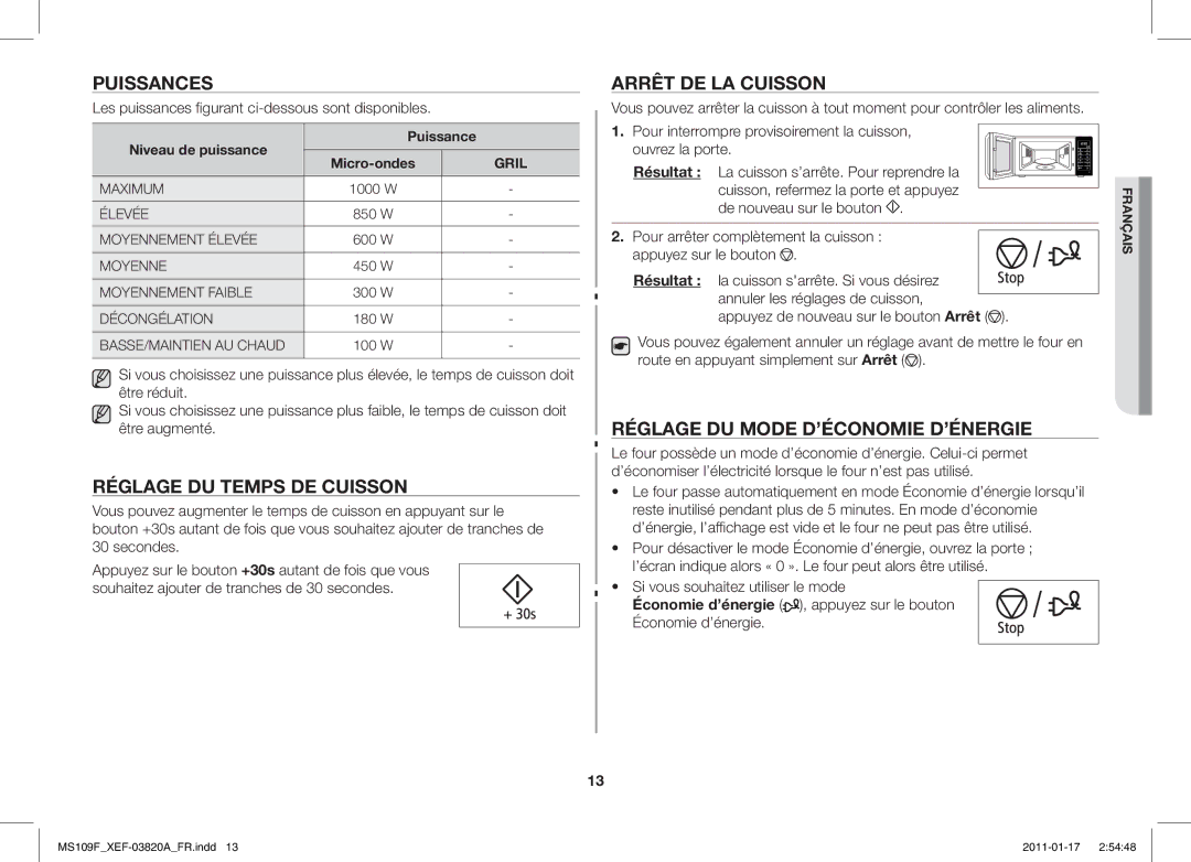 Samsung ME109F-1S/XEF Puissances, Réglage DU Temps DE Cuisson, Arrêt DE LA Cuisson, Réglage DU Mode D’ÉCONOMIE D’ÉNERGIE 