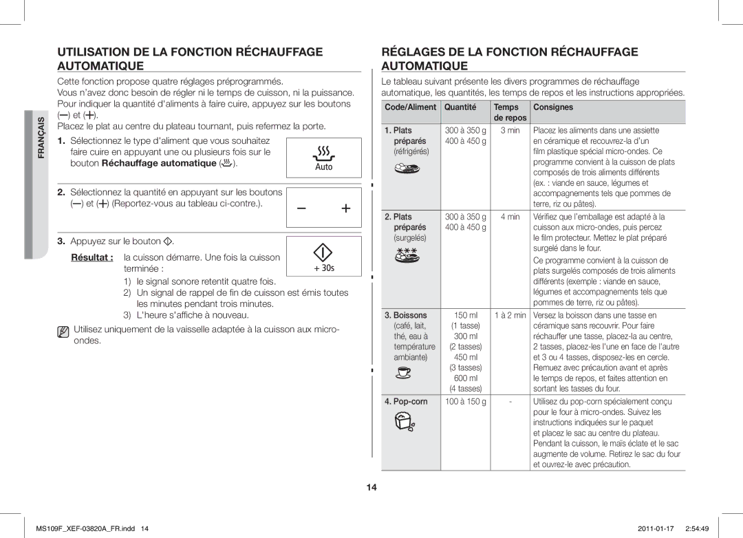 Samsung ME109F-1S/XEF Utilisation DE LA Fonction Réchauffage Automatique, Réglages DE LA Fonction Réchauffage Automatique 