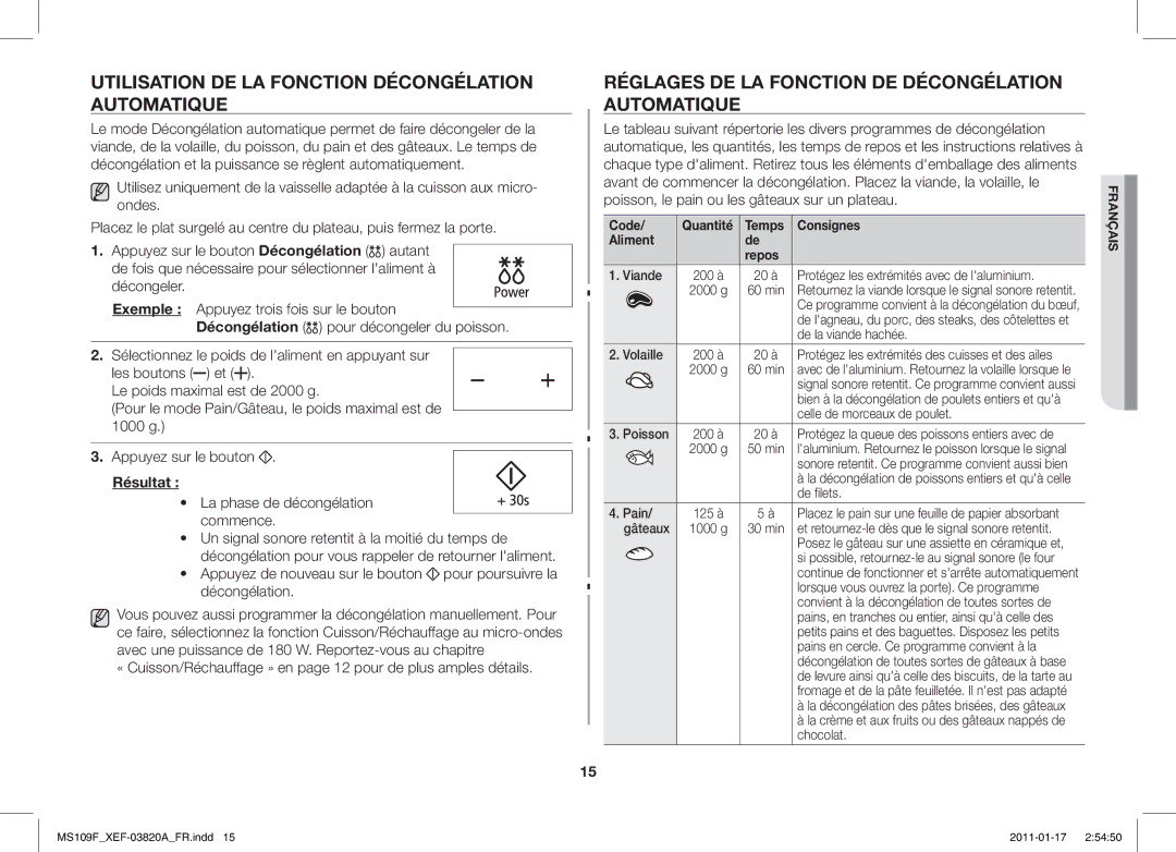 Samsung ME109F-1S/XEF manual Utilisation DE LA Fonction Décongélation Automatique, Résultat, Code, Aliment Repos 